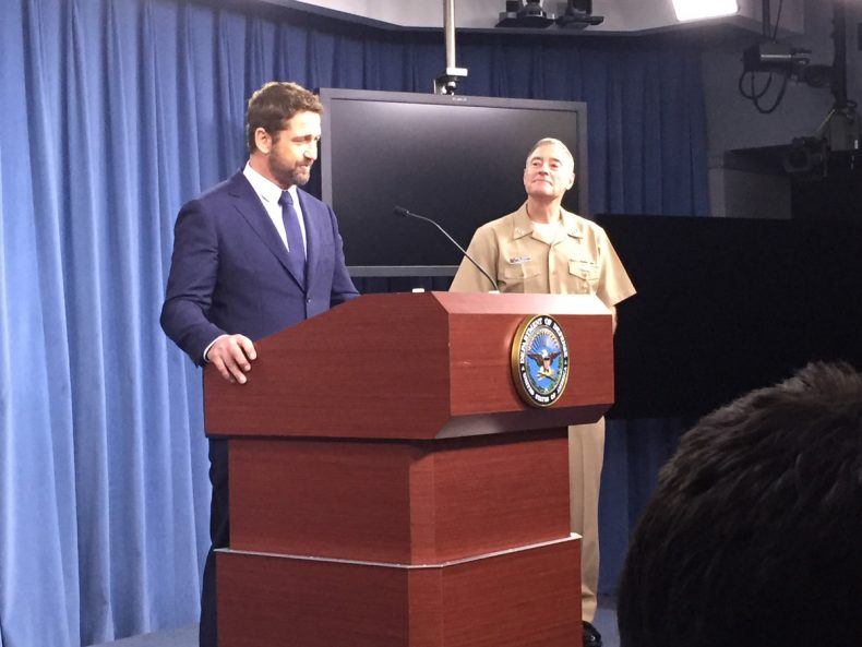 Actor Gerard Butler gives press briefing at the Pentagon to promote #HunterKiller